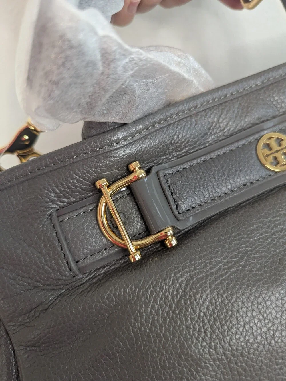 Authentic Tory Burch Horsebit Satchel - Elephant Grey Pebbled Leather
